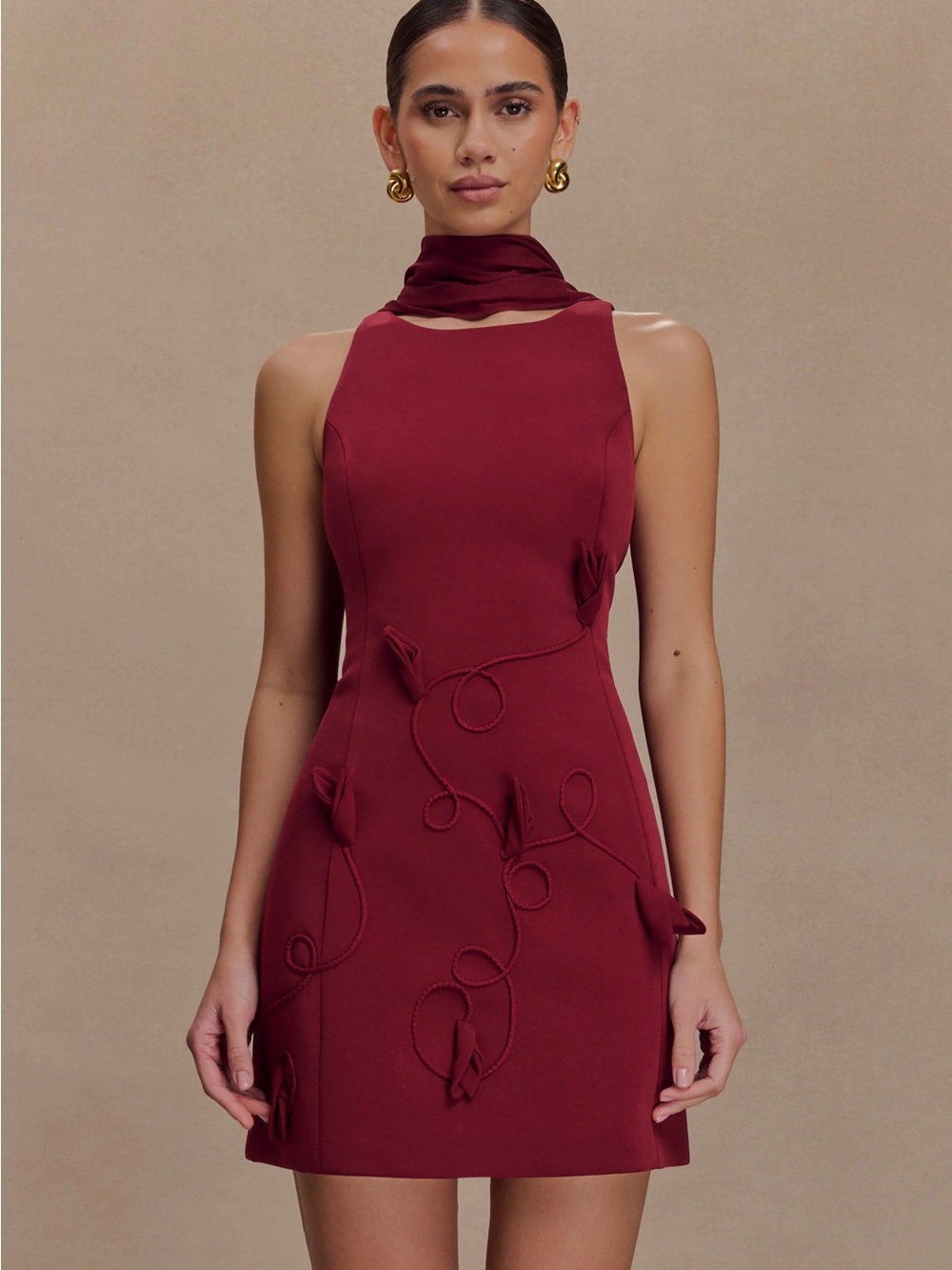 NWT Meshki Suiting Embroidered Mini Dress with Scarf - Wine